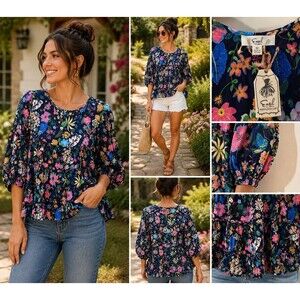 New Easel Women M Navy Floral Tiered Peplum Blouse Top Puff Sleeve Boho Romantic